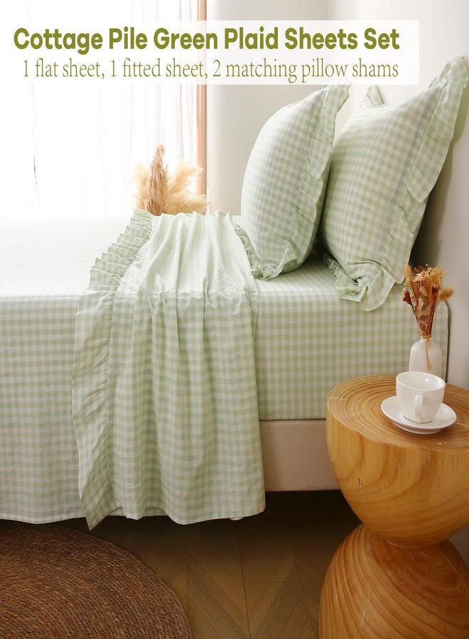 K MASANIJI Pile Green White Plaid Ruffle Gingham Sheets Twin Size 4-Piece Set, 300TC 100% Yarn Dyed Cotton Sheets 18 in Deep Pocket Kids Preppy Decorative Bedding (Pile Green/White Plaid, Twin) - Image 2