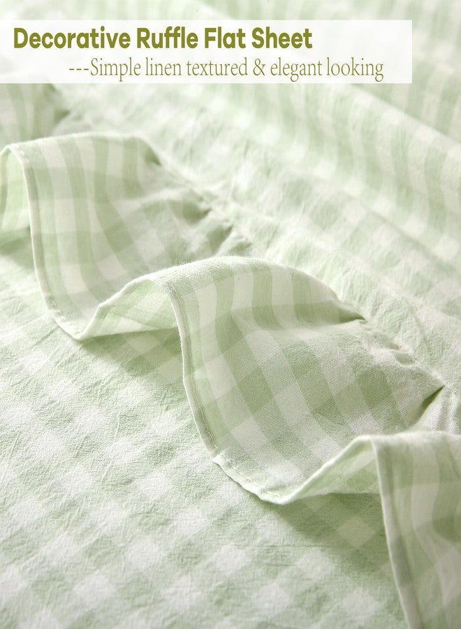 K MASANIJI Pile Green White Plaid Ruffle Gingham Sheets Twin Size 4-Piece Set, 300TC 100% Yarn Dyed Cotton Sheets 18 in Deep Pocket Kids Preppy Decorative Bedding (Pile Green/White Plaid, Twin) - Image 3