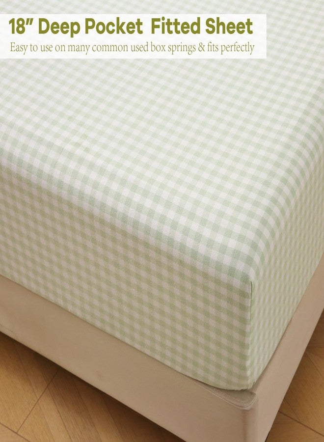K MASANIJI Pile Green White Plaid Ruffle Gingham Sheets Twin Size 4-Piece Set, 300TC 100% Yarn Dyed Cotton Sheets 18 in Deep Pocket Kids Preppy Decorative Bedding (Pile Green/White Plaid, Twin) - Image 5
