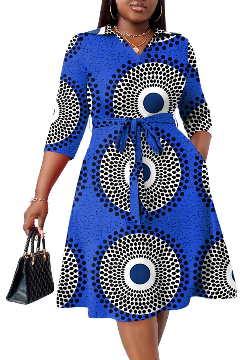 FANDEE Womenâ€™s Casual Midi Dresses Plus Size 3/4 Sleeve Classy Formal Wrap Dress for Wedding Guest Cocktail Party Drak Blue Print XL - Image 1