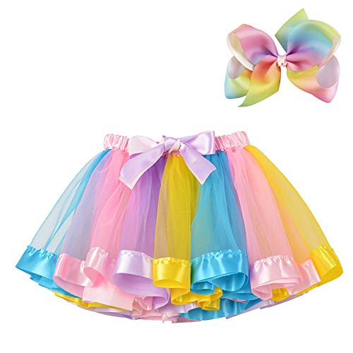 BGFKS Layered Ballet Tulle Rainbow Tutu Skirt for Little Girls Dress Up with Colorful Hair Bows(Light Rainbow,2-4T) - Image 1