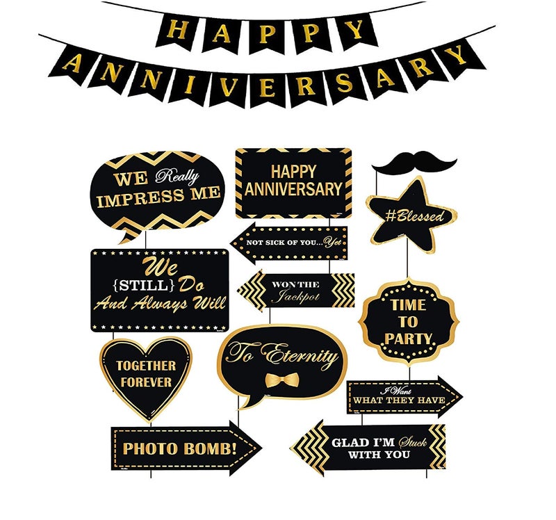 Festiko® 15pcs Happy Anniversary Wedding Combo Decoration (13pcs Photo Booth Props + 1 Set Happy Anniversary Photo Banner + 1pcs 3ft*6ft Golden Foil Curtains) for Wedding Anniversary Decoration - Image 1