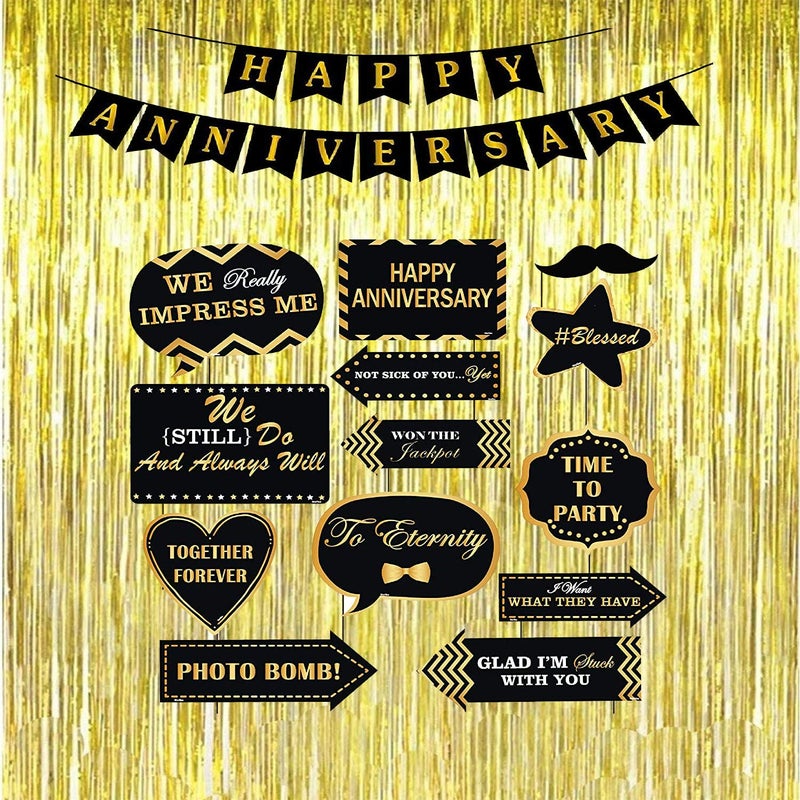 Festiko® 15pcs Happy Anniversary Wedding Combo Decoration (13pcs Photo Booth Props + 1 Set Happy Anniversary Photo Banner + 1pcs 3ft*6ft Golden Foil Curtains) for Wedding Anniversary Decoration - Image 2