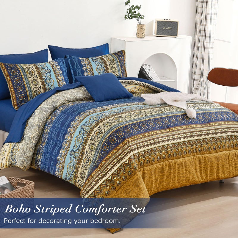 Cottolester Boho King Comforter Set 8 Pieces Brown Blue Bohemian Comforter Paisley Striped Bed in A Bag Soft Microfiber Bedding Set for All Season - Image 2