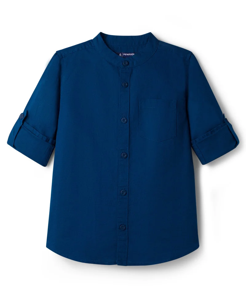 Pine Kids Pine Kids Linen Woven Full Sleeves Solid Shirt - Blue