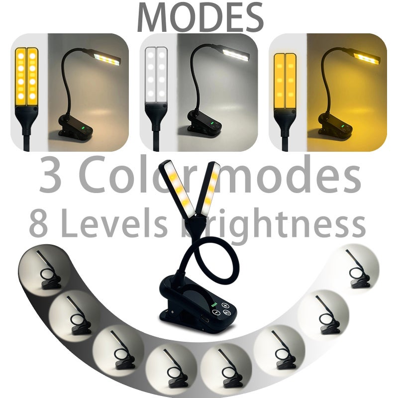 Mini Dual Head Book Light: White 14 LED Beads 1000mAh Battery - 3-Key Touch Control Adjustable Neck Angle Clip-On Reading Lamp for Students Book Lovers Home Desk Use - Image 5