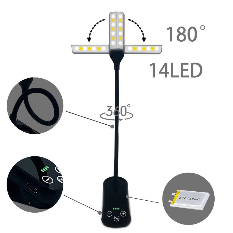 Mini Dual Head Book Light: White 14 LED Beads 1000mAh Battery - 3-Key Touch Control Adjustable Neck Angle Clip-On Reading Lamp for Students Book Lovers Home Desk Use - Image 4