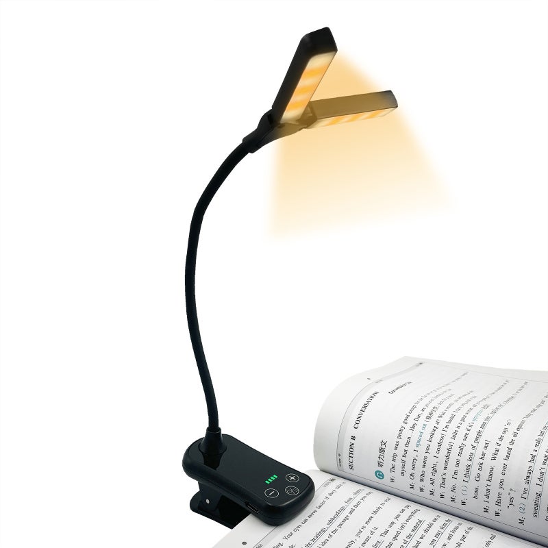 Mini Dual Head Book Light: White 14 LED Beads 1000mAh Battery - 3-Key Touch Control Adjustable Neck Angle Clip-On Reading Lamp for Students Book Lovers Home Desk Use - Image 3