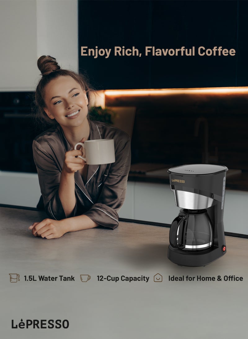 LePRESSO Drip Coffee Maker 900W with Glass Carafe and 1.5L Water Tank / Keep Warm Function / Washable Nylon Filter / One-Touch Control / Drip Brew Coffee Machine - Black - Image 2