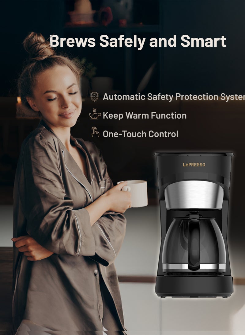 LePRESSO Drip Coffee Maker 900W with Glass Carafe and 1.5L Water Tank / Keep Warm Function / Washable Nylon Filter / One-Touch Control / Drip Brew Coffee Machine - Black - Image 5