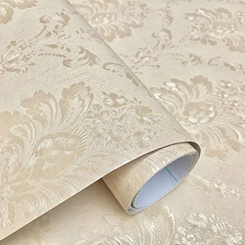 wolpin Floral Damask Wallpaper 45x300 cm Beige Embossed Pattern Decorative Wall Sticker for Living Room Bedroom Home Interior DIY Self Adhesive PVC Décor Roll - Image 1