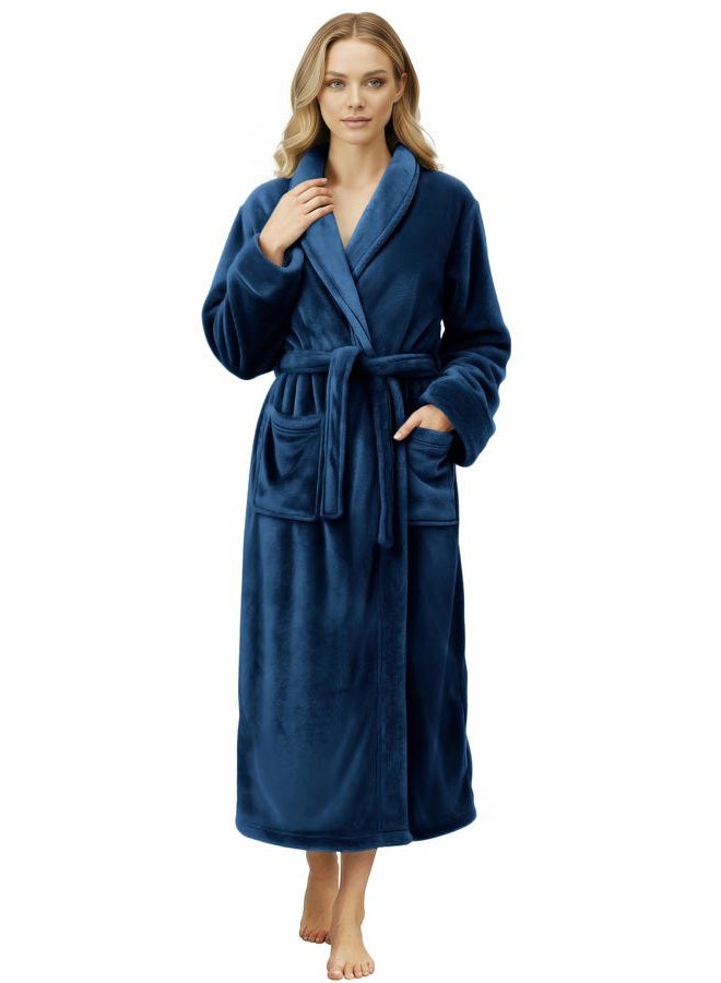 NY Threads Premium Women's Robe Plush Soft Long Bathrobe Warm Fleece Shawl Collar Spa Robe (Large, Navy) - Image 1