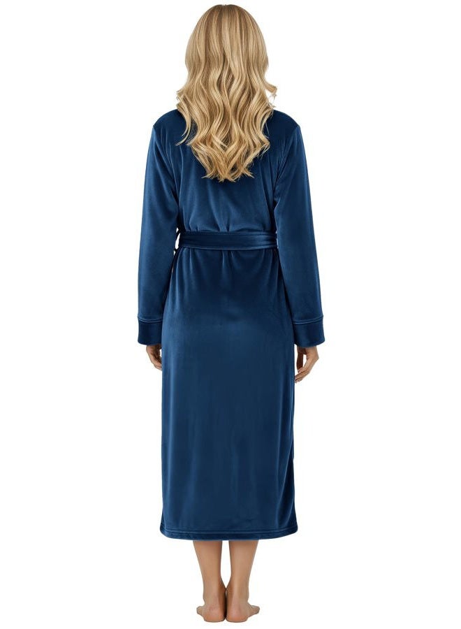 NY Threads Premium Women's Robe Plush Soft Long Bathrobe Warm Fleece Shawl Collar Spa Robe (Large, Navy) - Image 2
