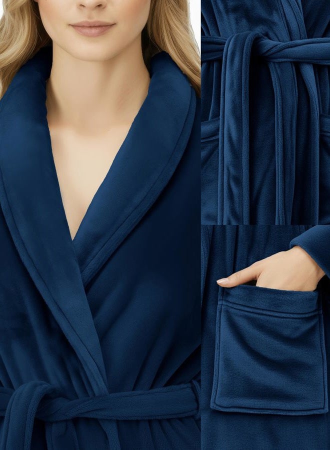 NY Threads Premium Women's Robe Plush Soft Long Bathrobe Warm Fleece Shawl Collar Spa Robe (Large, Navy) - Image 3