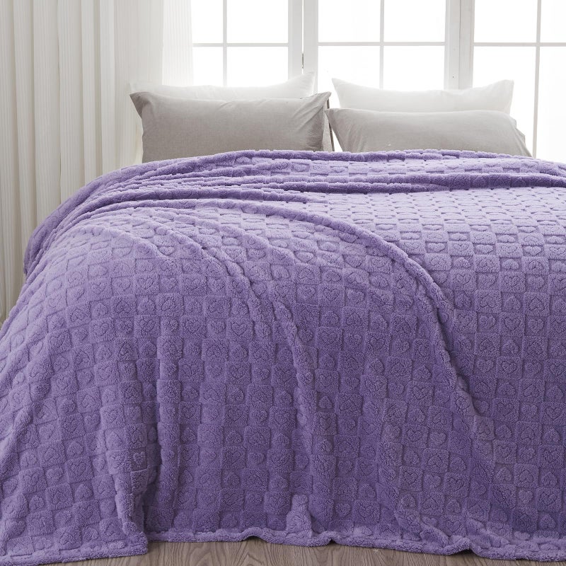 NEWCOSPLAY Super Soft Queen Blanket Lavender Premium Silky Flannel Fleece 3D Heart Checkered Lightweight Bed Blanket All Season Use (Lavender Heart  Queen(90""x90"")) - Image 1