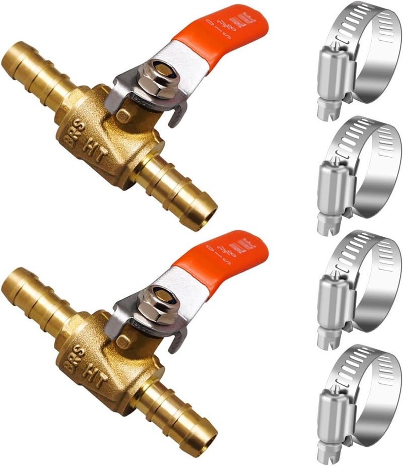 Horiznext 3/8 inch brass mini shut off ball barb valve for water fuel hose gas line rv air tubing, straight inlet manifold petcock 3/8 fuel shut off valve (2pcs with clamps kit) - Image 1