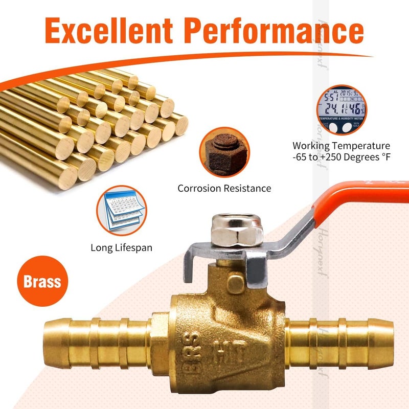 Horiznext 3/8 inch brass mini shut off ball barb valve for water fuel hose gas line rv air tubing, straight inlet manifold petcock 3/8 fuel shut off valve (2pcs with clamps kit) - Image 3