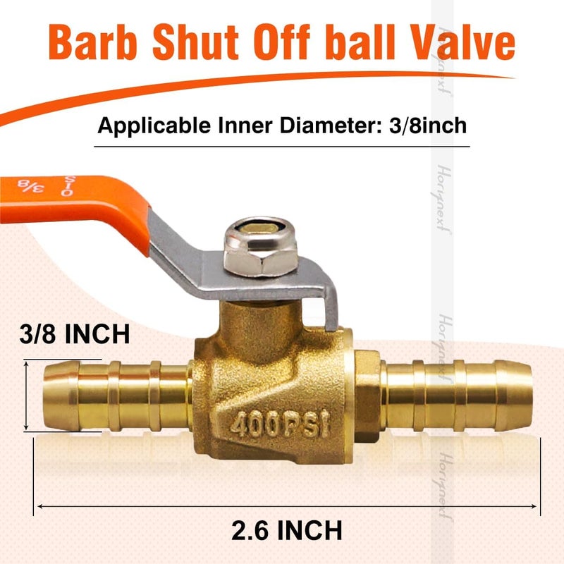 Horiznext 3/8 inch brass mini shut off ball barb valve for water fuel hose gas line rv air tubing, straight inlet manifold petcock 3/8 fuel shut off valve (2pcs with clamps kit) - Image 2
