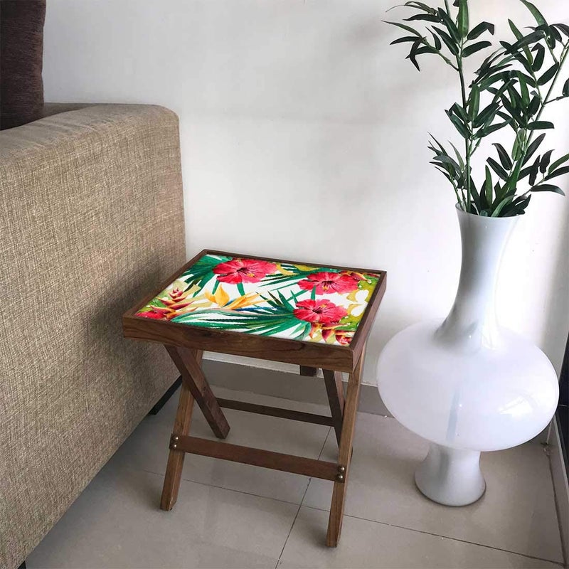 Nutcase Designer Teak Wood Side Table Folding Wooden Bedside Coffee Outdoor Picnic Table Hibiscus - Image 1