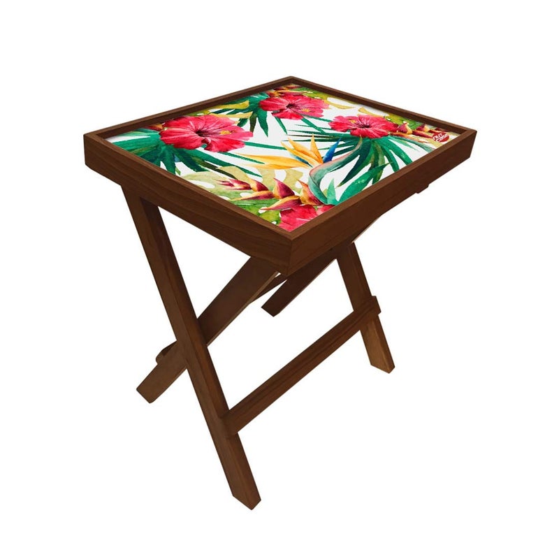 Nutcase Designer Teak Wood Side Table Folding Wooden Bedside Coffee Outdoor Picnic Table Hibiscus - Image 3
