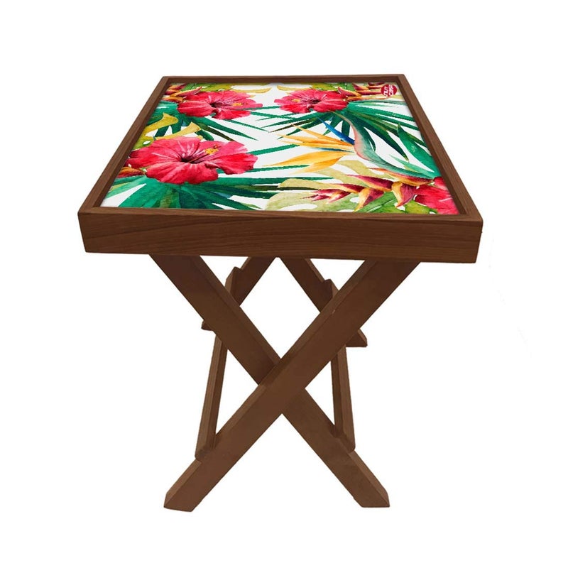 Nutcase Designer Teak Wood Side Table Folding Wooden Bedside Coffee Outdoor Picnic Table Hibiscus - Image 5