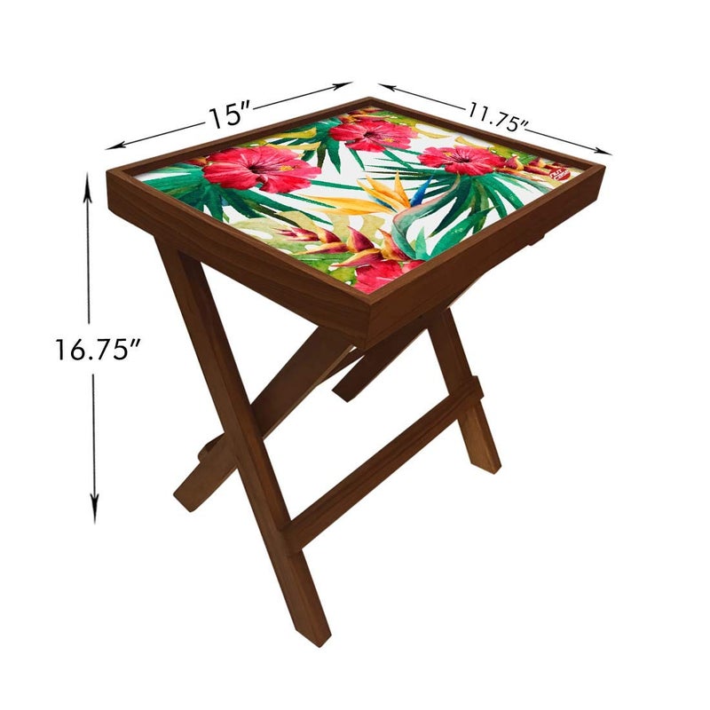 Nutcase Designer Teak Wood Side Table Folding Wooden Bedside Coffee Outdoor Picnic Table Hibiscus - Image 2