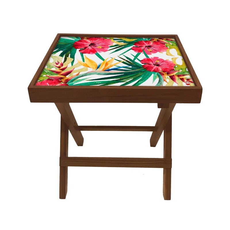 Nutcase Designer Teak Wood Side Table Folding Wooden Bedside Coffee Outdoor Picnic Table Hibiscus - Image 4