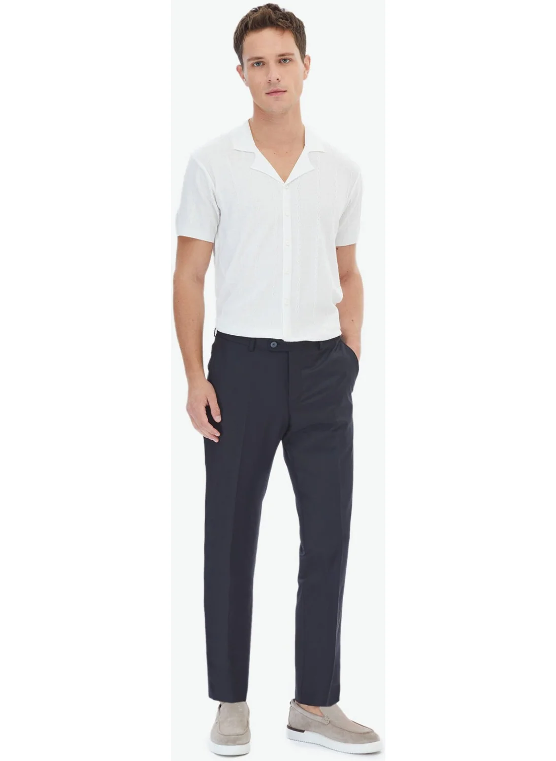 Kip Black Plain Woven Fitted Fit Classic Wool Blend Trousers