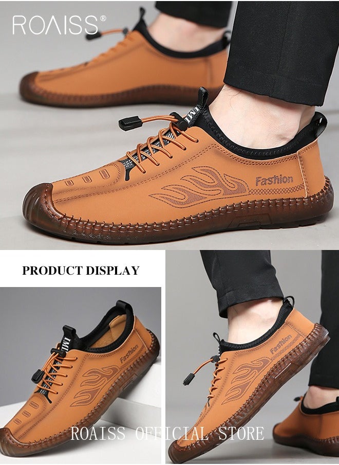 roaiss - New Mens Casual Drawstring Non-slip Soft Sole Flat Shoes Fashion Round Toe Shoes Daily Hand Stitched Leather Shoes - Image 1