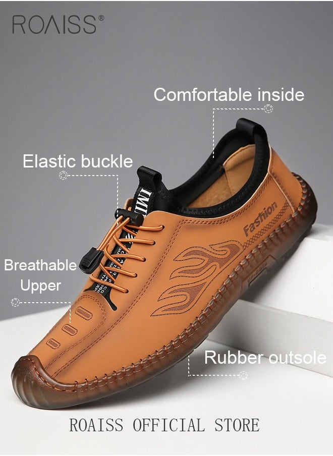 roaiss - New Mens Casual Drawstring Non-slip Soft Sole Flat Shoes Fashion Round Toe Shoes Daily Hand Stitched Leather Shoes - Image 1