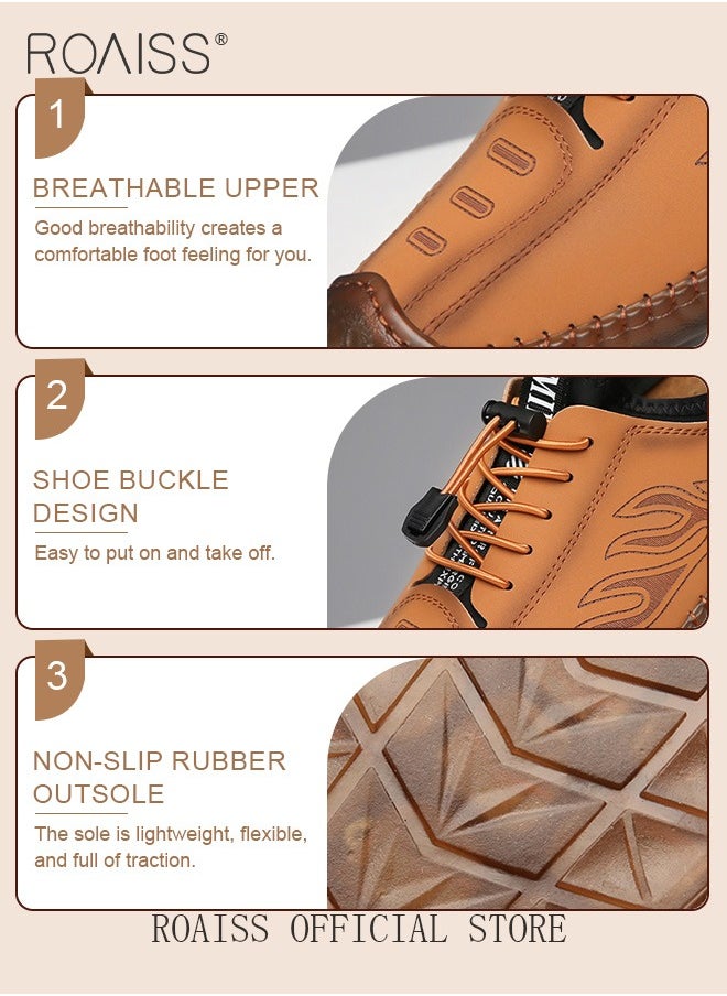 roaiss - New Mens Casual Drawstring Non-slip Soft Sole Flat Shoes Fashion Round Toe Shoes Daily Hand Stitched Leather Shoes - Image 1