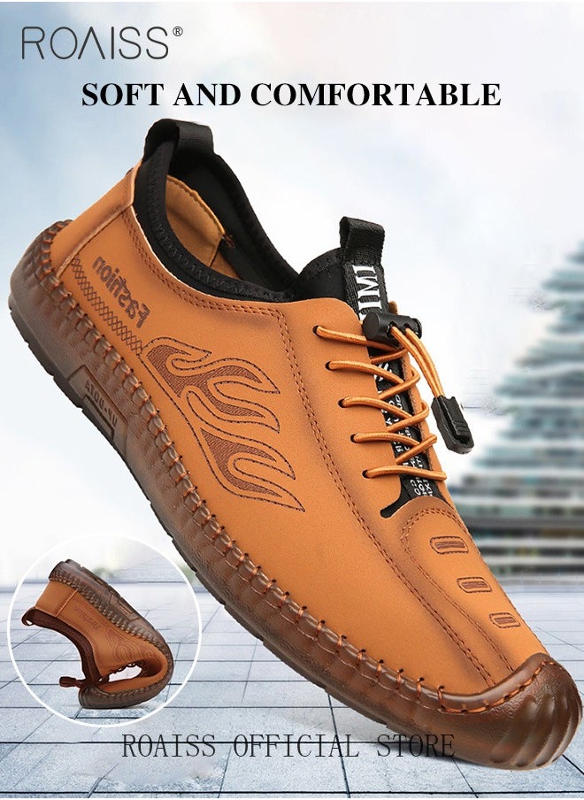 roaiss - New Mens Casual Drawstring Non-slip Soft Sole Flat Shoes Fashion Round Toe Shoes Daily Hand Stitched Leather Shoes - Image 1