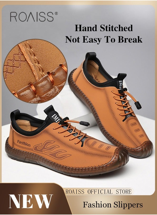 roaiss - New Mens Casual Drawstring Non-slip Soft Sole Flat Shoes Fashion Round Toe Shoes Daily Hand Stitched Leather Shoes - Image 1