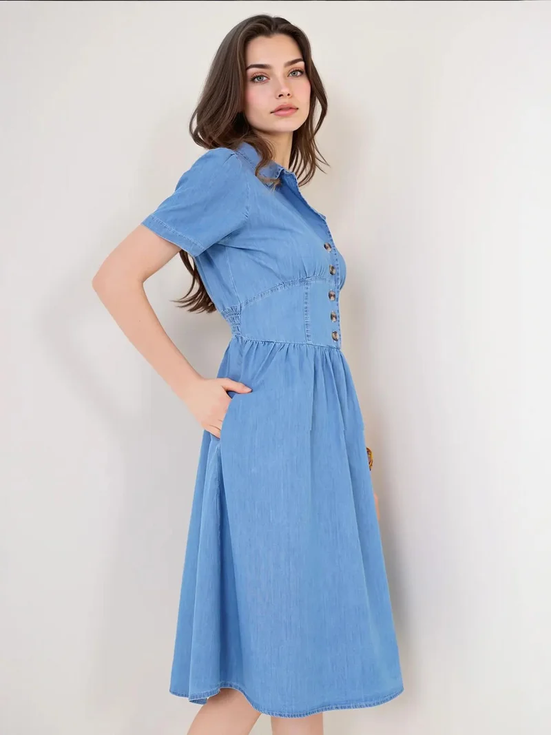 بيغ دارت فستان دينم ميدي بياقة قميص وإغلاق بأزرار