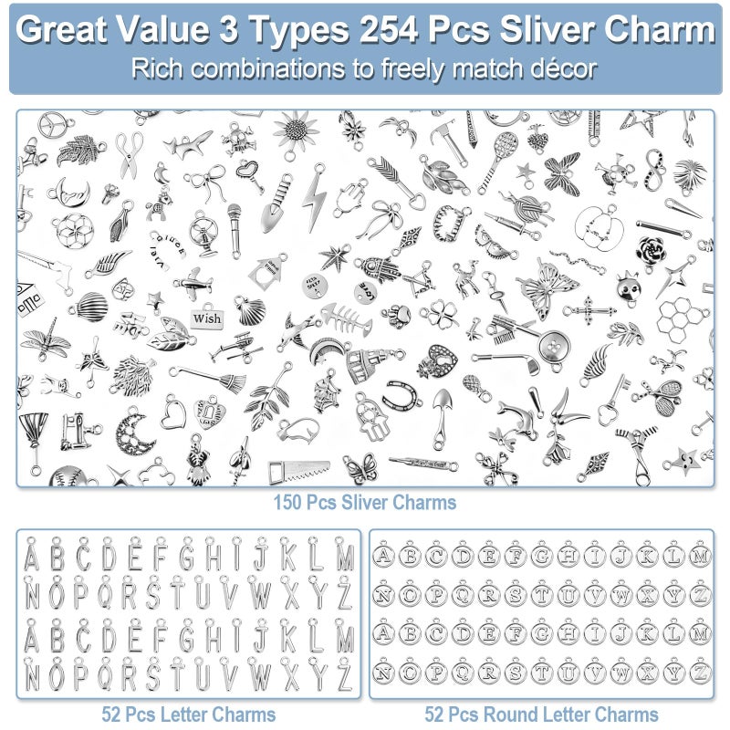 Modacraft 254 Pcs Silver Charms for Jewelry Making with Alphabet Letters, Wholesale Bulk Tibetan Silver Charm Pendants for Bracelet Necklace DIY Crafting - Image 2