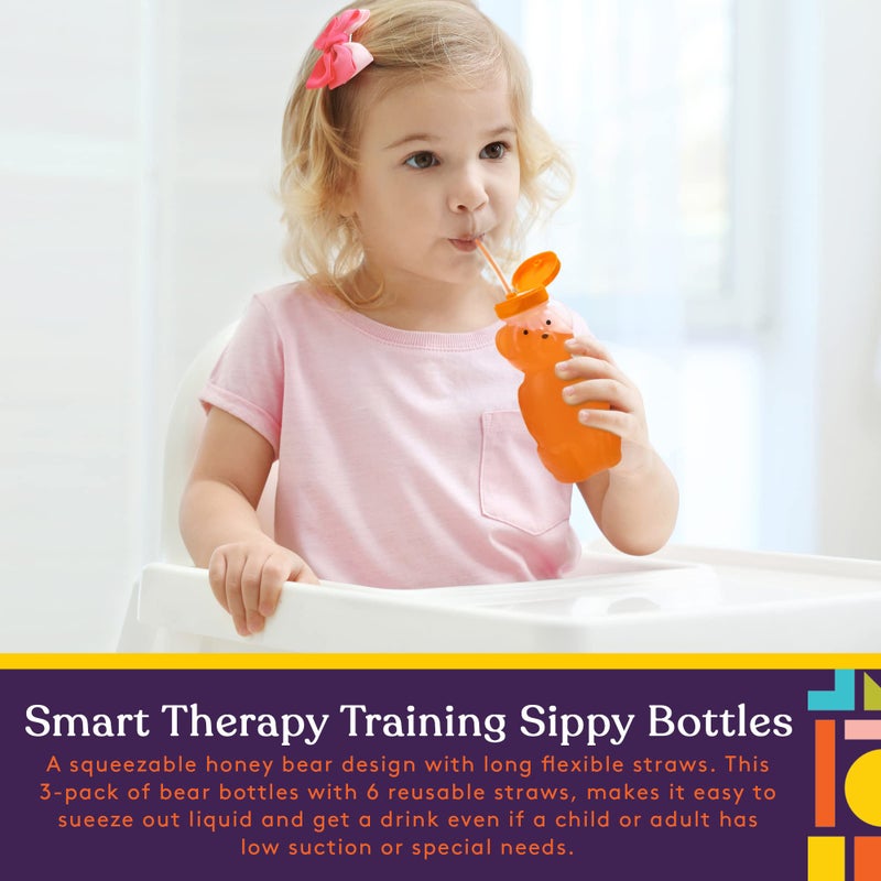 Special Supplies Honey Bear Straw Cup Long Straws, Squeezable Therapy and Special Needs Assistive Drink Container, Spill Proof and Leak Resistant Lid (Pack of 3 Bottles and 6 Straws) - Image 2
