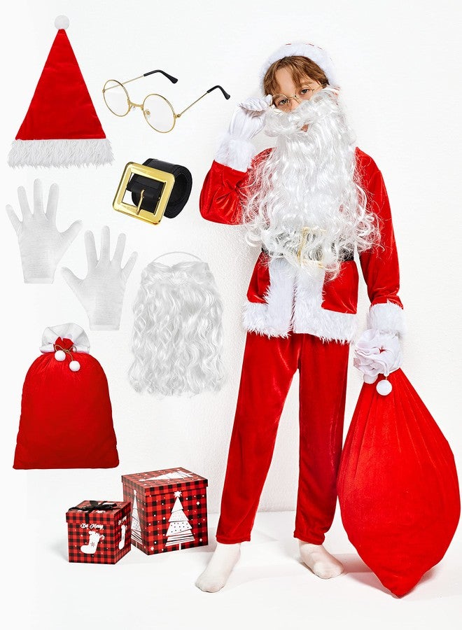 SOMSOC 8 Pieces Child Santa Costume Set Cosplay Deluxe Plush Xmas Boy’s Santa Suit Outfit for Kids Cosplay Party, 11-12 Years - Image 3