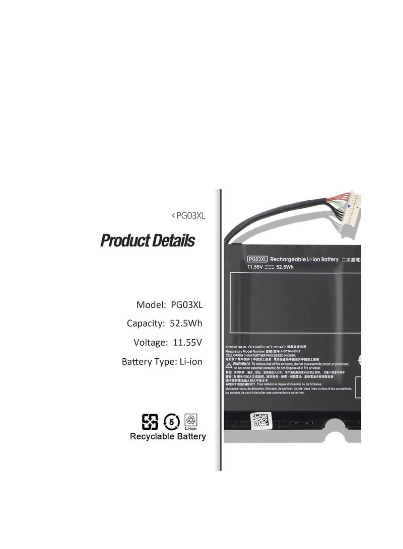 Terabyte بطارية 11.55 فولت 52.5 واط/3 خلايا PG03XL HSTNN-DB9G L48430-2B2 متوافقة مع HP Pavilion Gaming 15-dk0xxx 15-dk1xxx - Image 2