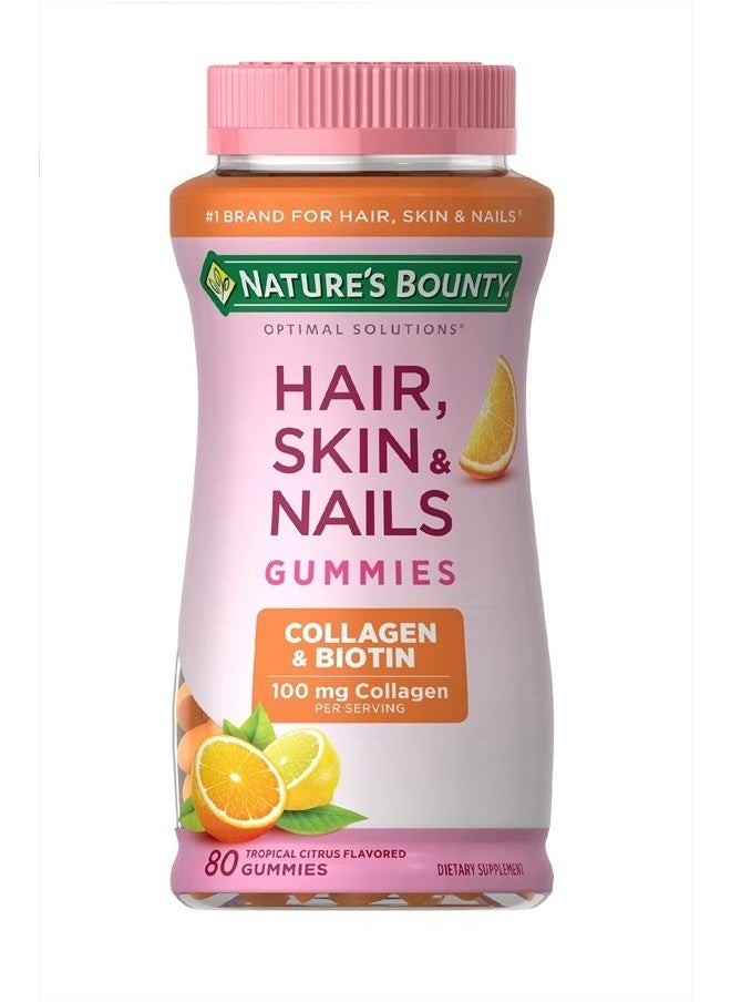 NATURE'S BOUNTY Hair, Skin & Nails with Biotin and Collagen, Citrus-Flavored Gummies Vitamin Supplement, Supports Hair, Skin, and Nail Health for Women, 2500 mcg, 80 Count  - Image 1