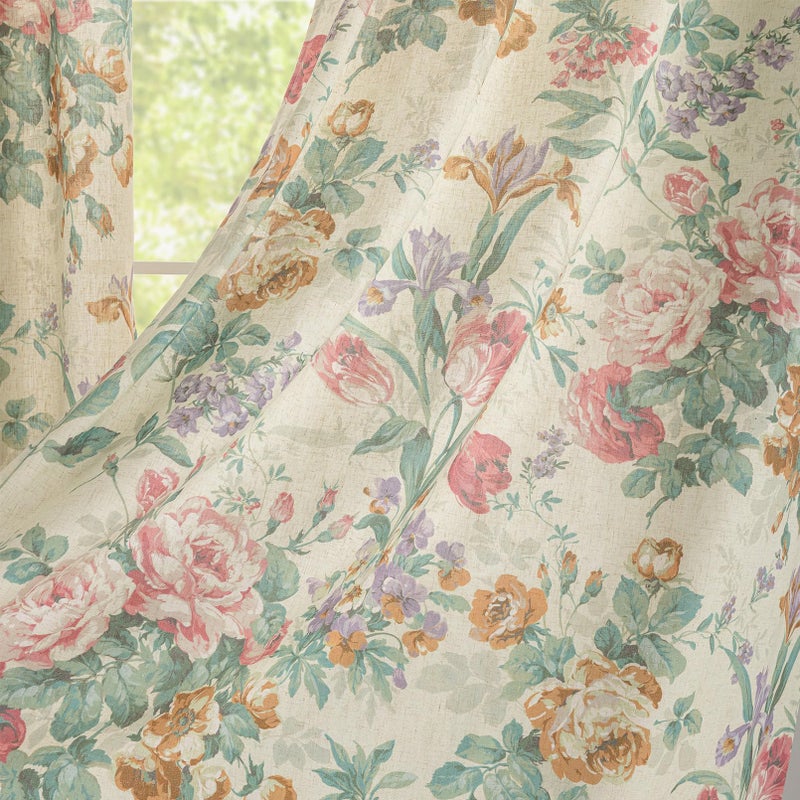 FINECITY Vintage Curtains 2 Panels Linen Textured Victorian Roses Flowers Pattern Living Room Curtains 95 Inches Long, Grommet Privacy Window Semi Sheer Botanical French Country Floral Curtain Panels, 50x95 In - Image 3