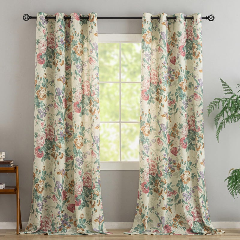 FINECITY Vintage Curtains 2 Panels Linen Textured Victorian Roses Flowers Pattern Living Room Curtains 95 Inches Long, Grommet Privacy Window Semi Sheer Botanical French Country Floral Curtain Panels, 50x95 In - Image 1