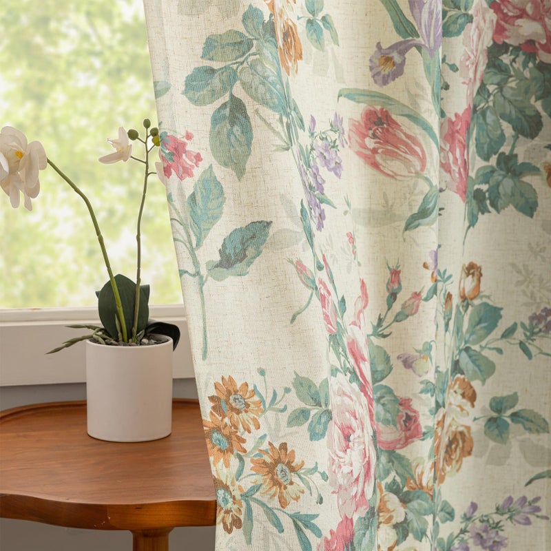 FINECITY Vintage Curtains 2 Panels Linen Textured Victorian Roses Flowers Pattern Living Room Curtains 95 Inches Long, Grommet Privacy Window Semi Sheer Botanical French Country Floral Curtain Panels, 50x95 In - Image 4
