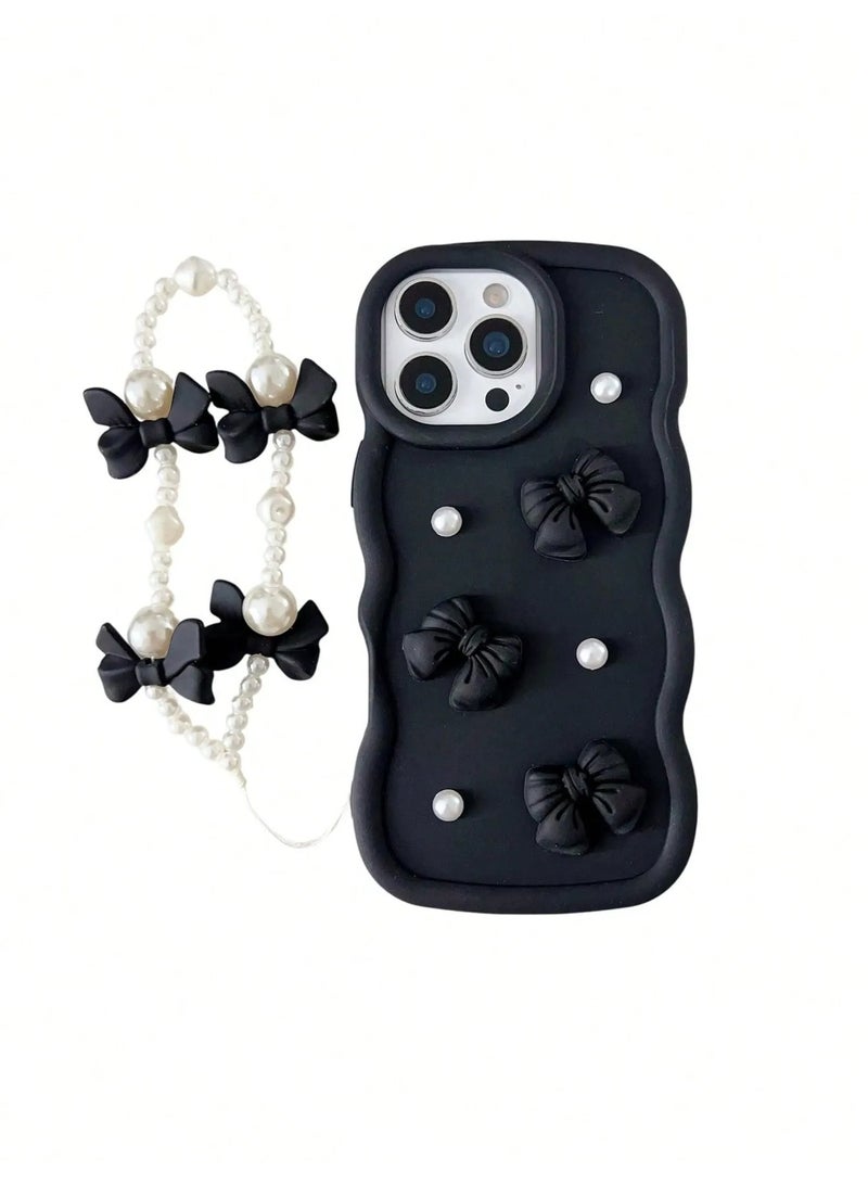 Shein Newest 2025 Big Wave Macaron Phone Case with Black Bowknot and White Beads with Wrist Strap Shockproof Protection Compatible with iPhone 16 Pro Max  - Image 3