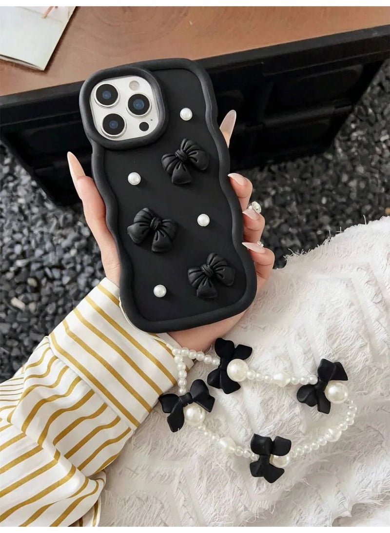 Shein Newest 2025 Big Wave Macaron Phone Case with Black Bowknot and White Beads with Wrist Strap Shockproof Protection Compatible with iPhone 16 Pro Max  - Image 1
