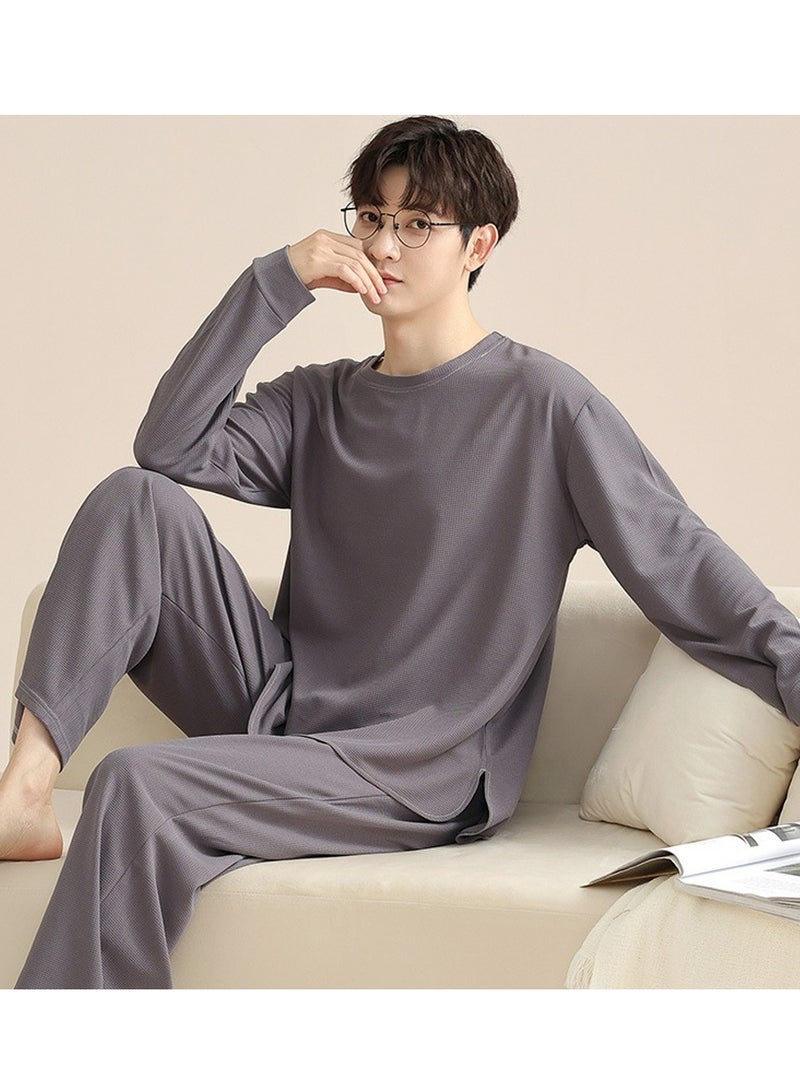 Loquat Men's Solid Color 2-Piece Set  Leisure Nightgown Sleepwear Round Neck Long Sleeve Top And Pants Soft Loungewear Pajamas Suit Light Grey 