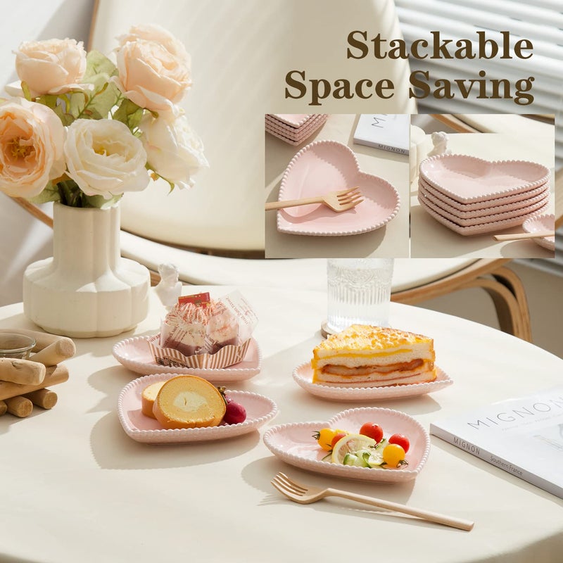 BABALIU 6.3 Inch Porcelain Appetizer Plates Set of 10, Heart Shape Small Dinner Plates, Dessert Salad Plates Serving Dishes for Cake, Snack, Ice Cream, Waffles, Microwave, Oven, Dishwasher Safe, Pink - Image 4
