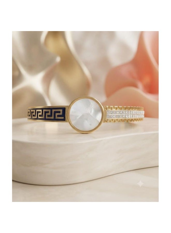 Stainless Steel Bangle with Gold Finish, Mother-of-Pearl, Navy Greek Key Enamel, and Paved Crystal