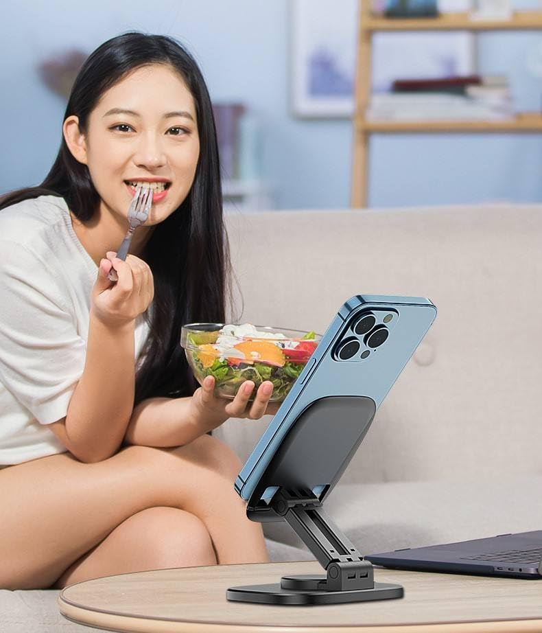 WALLVIEW TECH 360° Aluminum Mobile Stand for Desk, Foldable Design with Stable Rotational Metallic Round Base, Multiple Height & Angle adjustments for Smartphones, Tablets & iPad (Blue) - Image 2