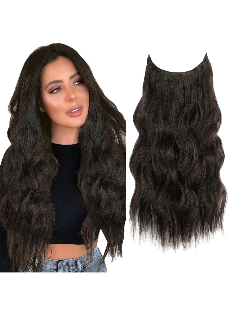 LOHXINHAIR Invisible Wire Halo Hair Extensions Transparent Wire Adjustable Size 4 Secure Clips 24 Inch Long Wavy Curly Secret Hairpiece for Women 
