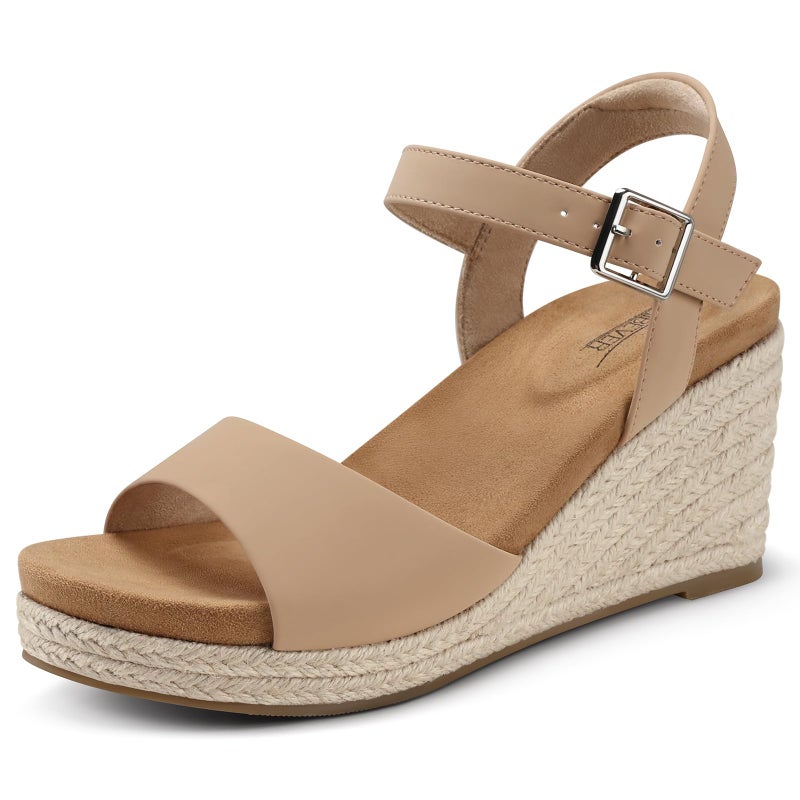 SHIBEVER Women's Wedge Platform Sandals: Espadrille Dressy Comfortable Summer Open Toe Ankle Strap Buckle Women Sandal Nude Size 6.5 - Image 1